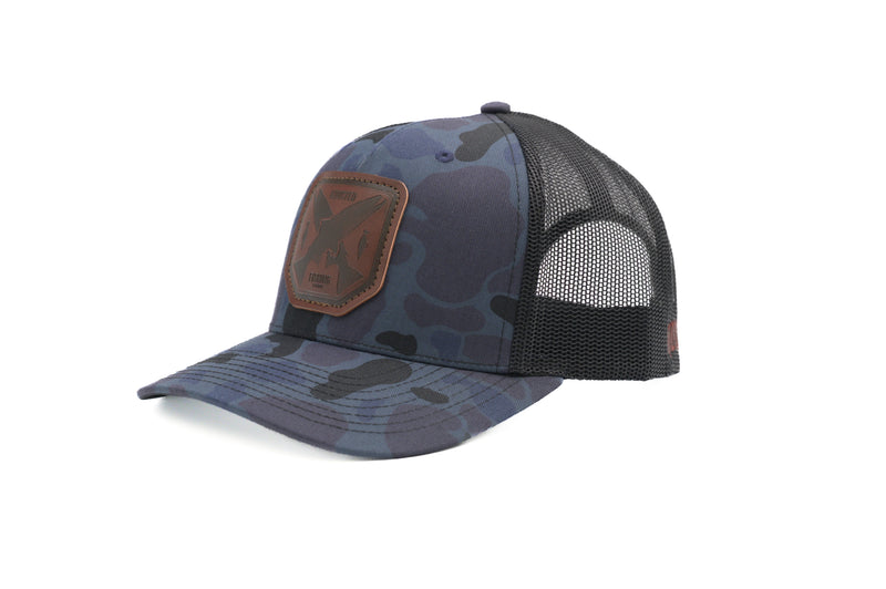 Load image into Gallery viewer, Blue Camo Steelhead Cross Trucker