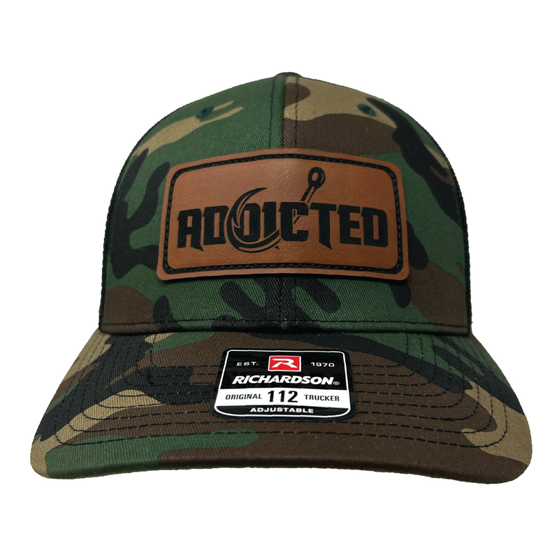Load image into Gallery viewer, Addicted Classic Leather Patch Camo Trucker Hat
