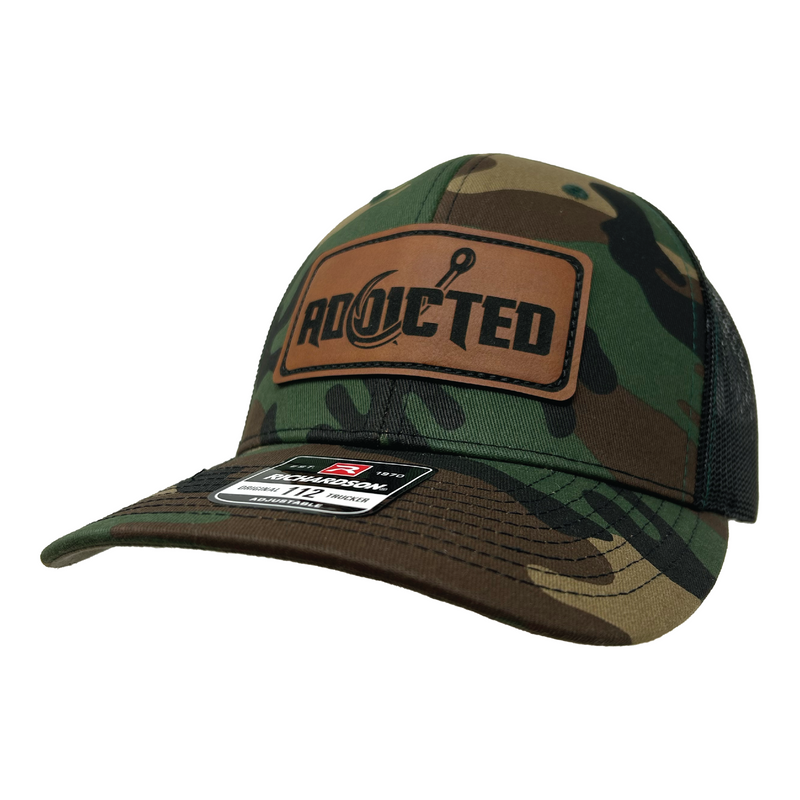 Load image into Gallery viewer, Addicted Classic Leather Patch Camo Trucker Hat
