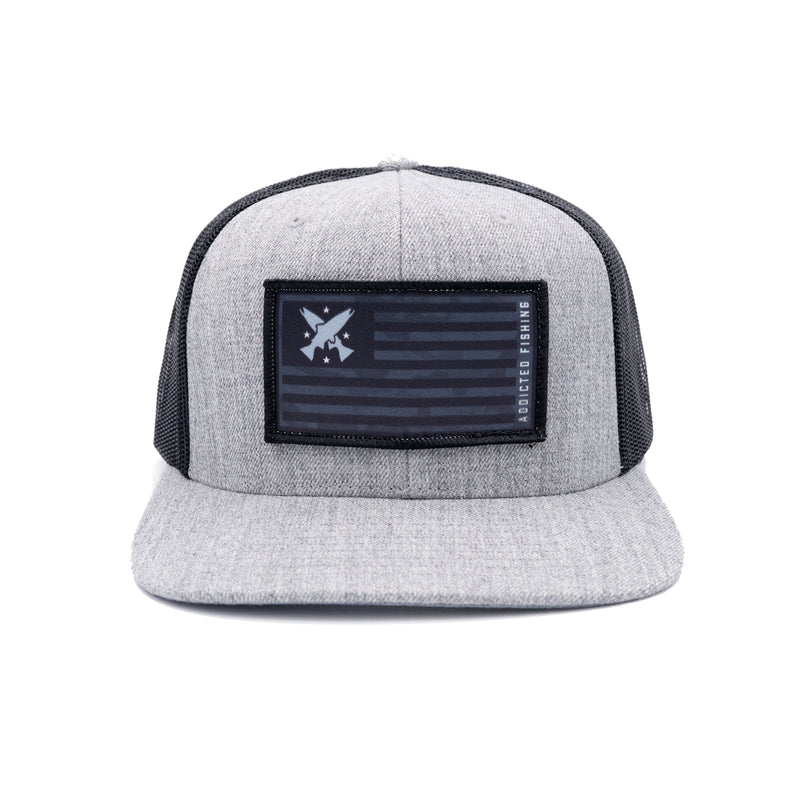 Load image into Gallery viewer, Steelhead Cross Flag Flatbill Trucker Hat
