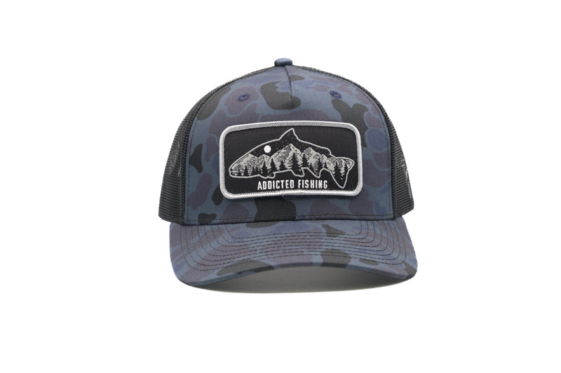 Load image into Gallery viewer, Blue Camo Fish Mountain Trucker
